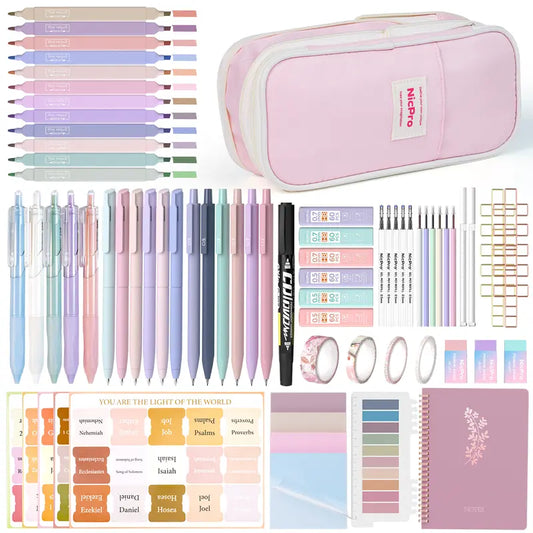 Nicpro 76PCS Durable Stationary Set - Polyester Large Pencil Pouch, 0.5, 0.7Mm Mechanical Pencil Set, 360 Lead Refills, 18 Eraser Refills, 300PCS Transparent Sticky Notes, 10 Clips, Notebook, 12PCS Highlighters, College School Supplies for Students