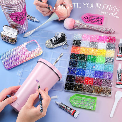 50000Pcs Bedazzling Kit with Rhinestones 3mm, 40 Colors Bedazzler Kit Resin Rhinestones Nail Gems & Glitter Gem Art Supplies, Diamond Art Kits Accessories with Pickup Pen, 4pcs 10ml B7000 Glue