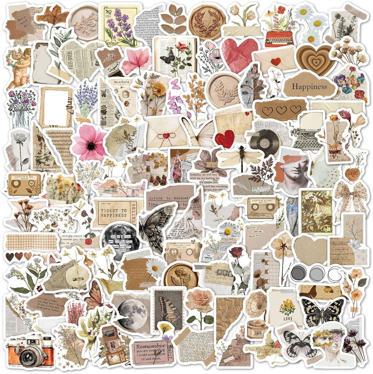 120Pcs Vintage Aesthetic Stickers for Adults, Verseyi Waterproof Scrapbook Journal Daily Planner Diary Notebook Handbook Stickers, Scrapbooking Supplies for DIY Paper Crafts Vinyl Sticker Bulk
