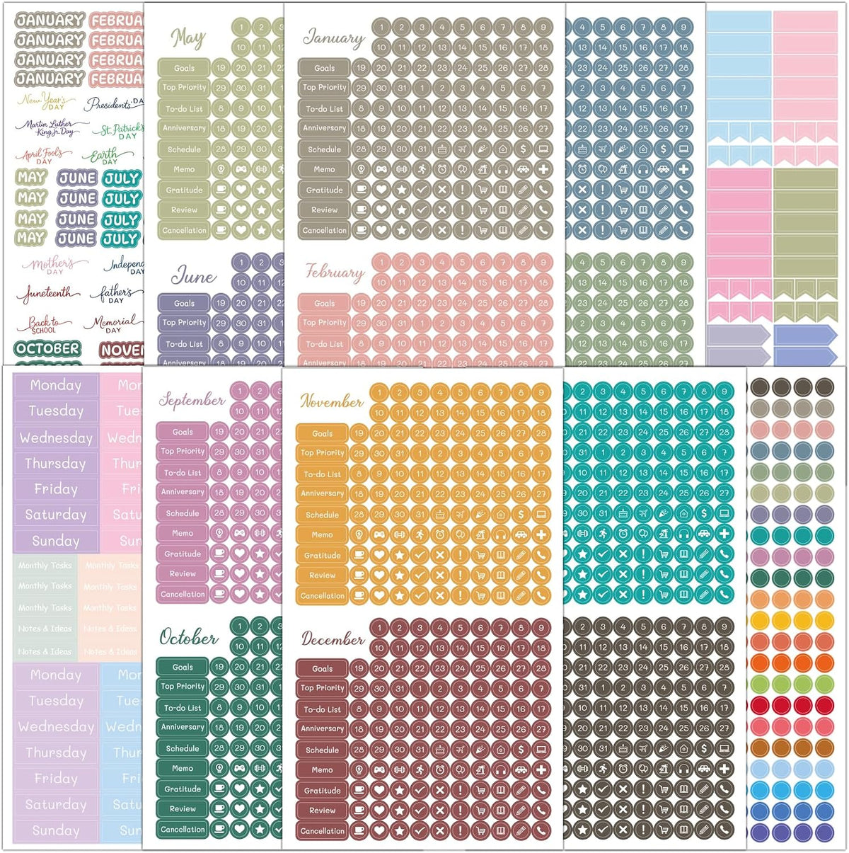 1917 Pcs Date Dot Stickers for Daily Planner Calendar Bullet Journal Notebook, Monthly Weekly Headings, Dates, Icons, 1/5 inch Dots, 10 Sheets
