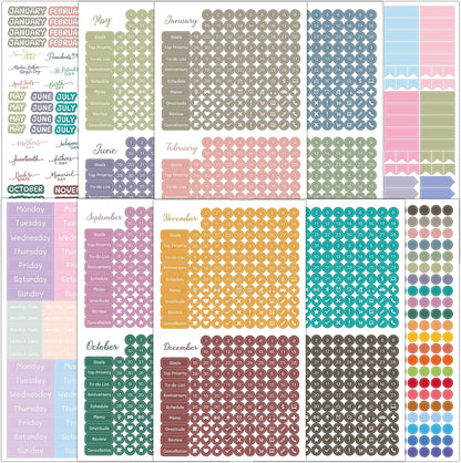 1917 Pcs Date Dot Stickers for Daily Planner Calendar Bullet Journal Notebook, Monthly Weekly Headings, Dates, Icons, 1/5 inch Dots, 10 Sheets