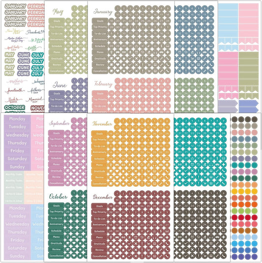 1917 Pcs Date Dot Stickers for Daily Planner Calendar Bullet Journal Notebook, Monthly Weekly Headings, Dates, Icons, 1/5 inch Dots, 10 Sheets