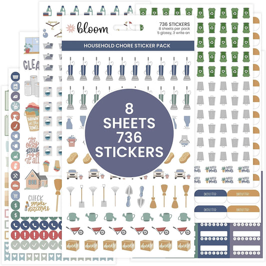 bloom daily planners Household Chores Planner Stickers -Essential Variety Pack for Home Productivity - to-Dos, Errands, Tasks - 8 Sheets / 736 Stickers - Icons & Quotes