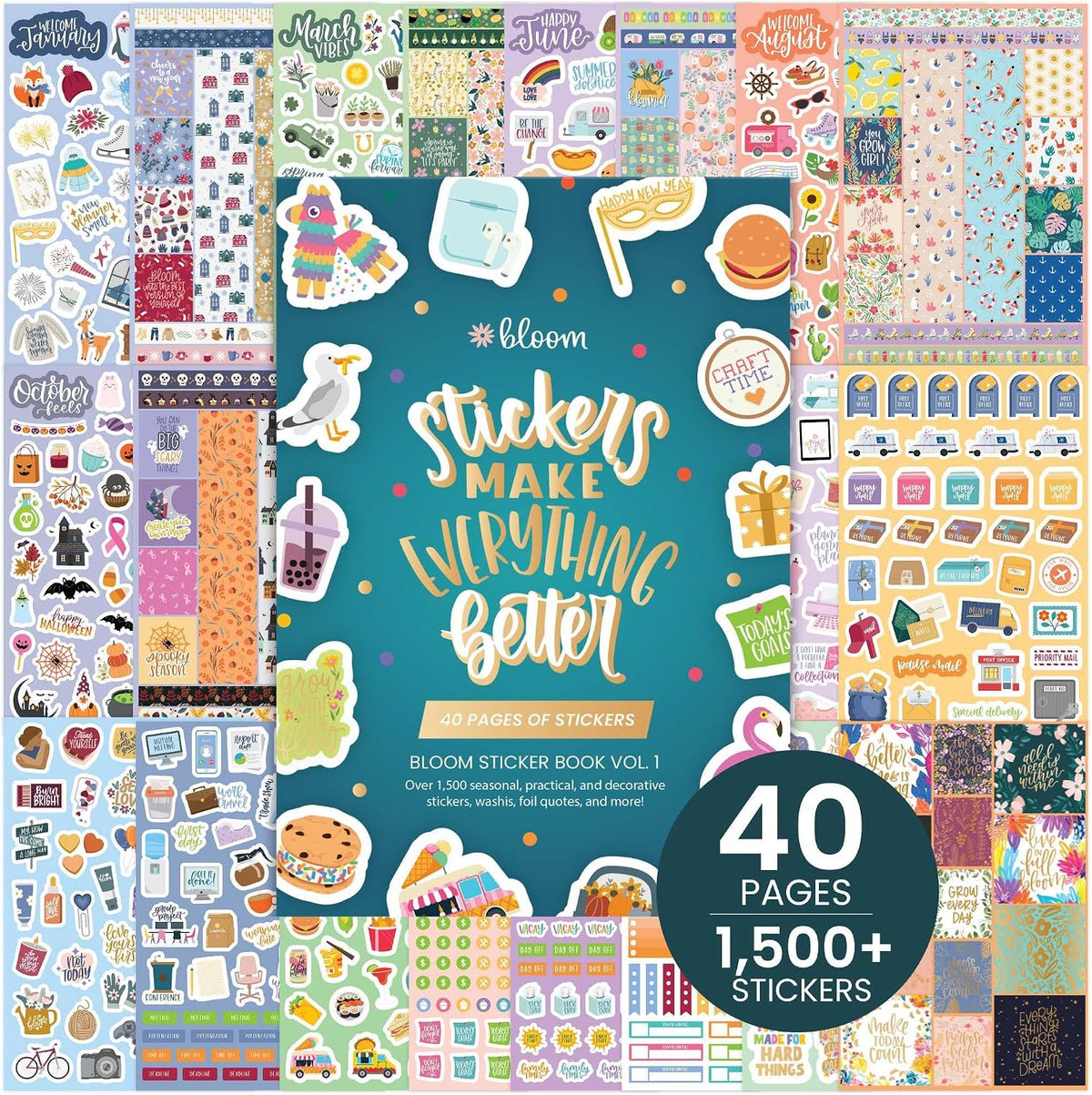 bloom daily planners 40 Page Mega Planner Sticker Pack (1500+ Stickers) - 6” x 9” Bound Ultimate Variety Sticker Book with Foil - Seasons, Celebrations, Holidays, Food, Travel, Quotes & More - Vol. 1