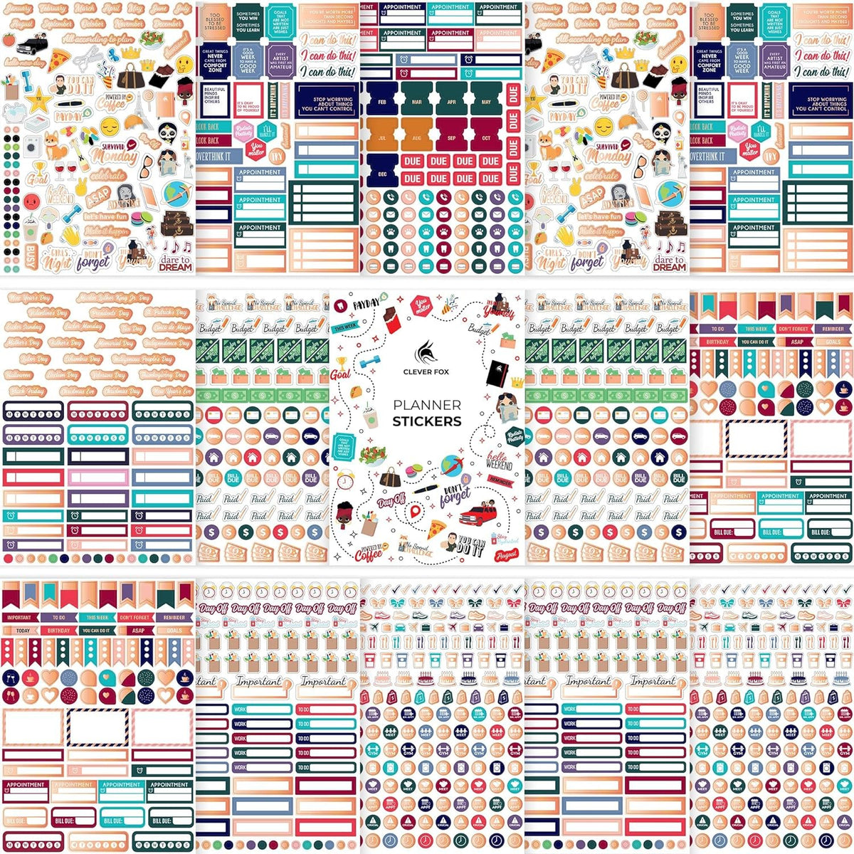 Clever Fox Planner Stickers for Adults, Women, Calendar & Journal, 1360+
