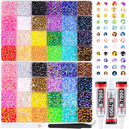 34000Pcs Resin Jelly Rhinestones for Bedazzling, Multicolor 3mm Flatback Gems for Diamond Art, Bedazzler Kit with 3Pcs 10ml B7000 Jewelry Glue for Bedazzle Thing Crafting Book Nail Art