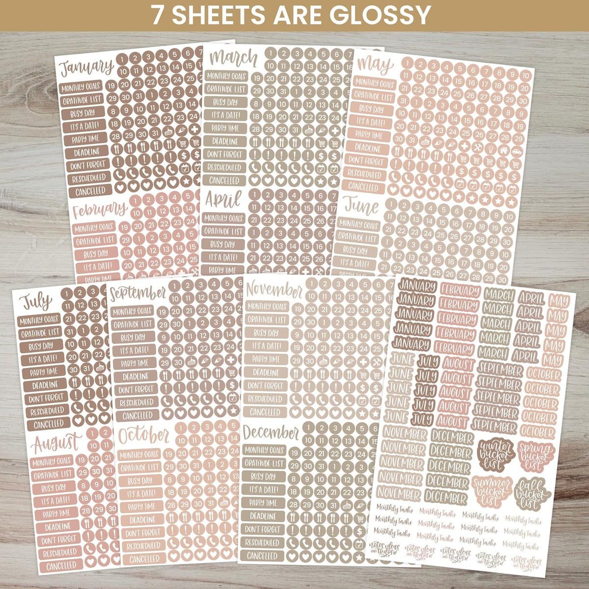 bloom daily planners Muted Neutrals Calendar Essentials Planner Stickers - 8 Sheets, 1629 Stickers Per Pack! - Color Coordinating Monthly Headings, Dates, Icons, Etc. - Aesthetic Boho