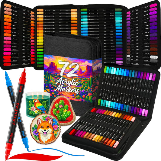 ARTISTRO 72 Acrylic Paint Markers, Dual-Tip Paint Pens, Black Bag