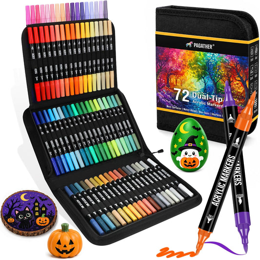 Pagather Acrylic Paint Markers, 72 Colors Dual Tip Fine & Brush Pens Set