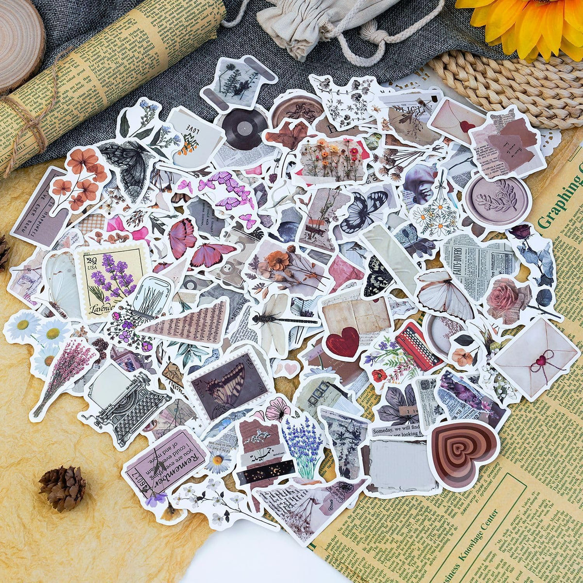 120Pcs Vintage Aesthetic Stickers for Adults, Verseyi Waterproof Scrapbook Journal Daily Planner Diary Notebook Handbook Stickers, Scrapbooking Supplies for DIY Paper Crafts Vinyl Sticker Bulk