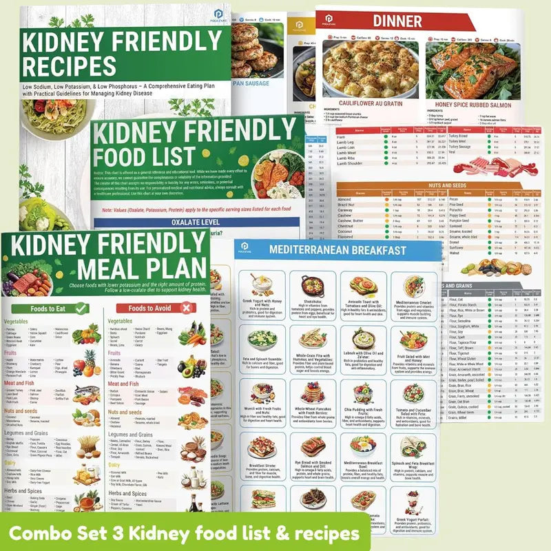 [Releasing Price] Set 6 Kidney Friendly Food List and Recipes Chart, Renal Diet Disease Meal Plan, Kidney Recipes Support, Hyperoxaluria, Oxalate Level, Low Sodium Potassium Phosphorus for CKD Dialysis, Manage Hypertension