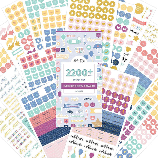 Blue Sky Every Day & Every Occasion 2200+ Sticker Pack, Planner and Calendar Pack, 4.49” x 9.06”, Full Color and Gold Foil, 24 Sheets