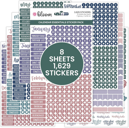 bloom daily planners Calendar Essentials Planner Stickers - Color Coordinating Monthly Headings, Dates, Icons, Etc. - 8 Sheets, 1629 Stickers Per Pack! - Jewel Tones