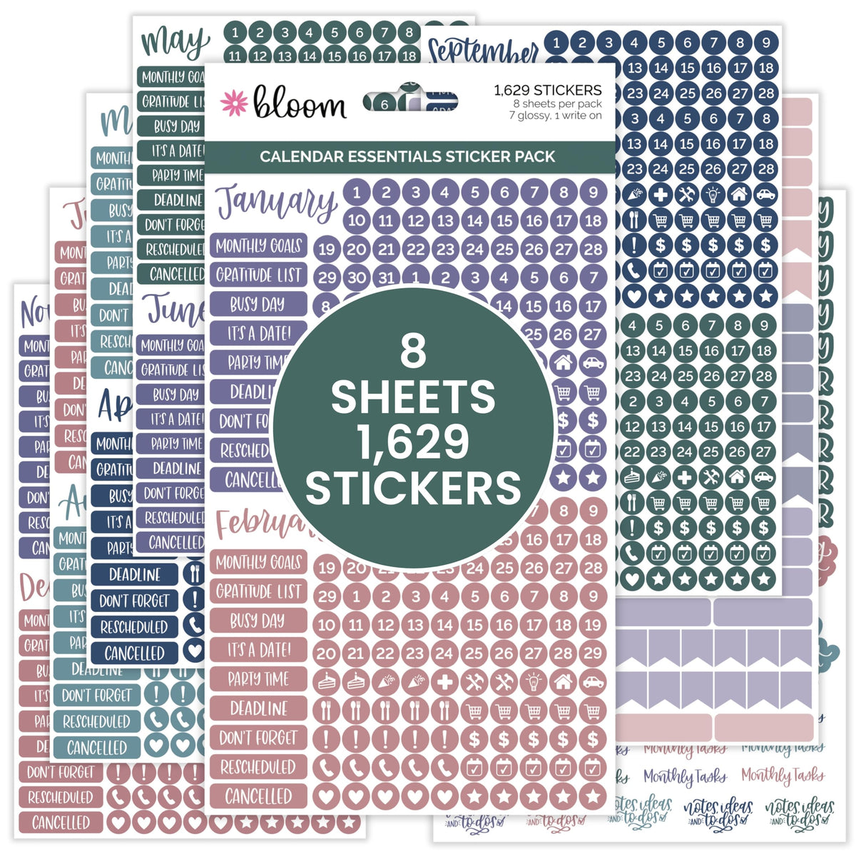 bloom daily planners Neutral Aesthetic Calendar Essentials Planner Stickers - 8 Sheets, 1629 Stickers Per Pack! - Color Coordinating Monthly Headings, Dates, Icons, Etc. - Sweater Weather