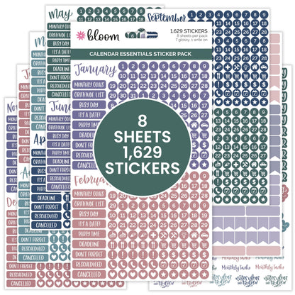 bloom daily planners Muted Neutrals Calendar Essentials Planner Stickers - 8 Sheets, 1629 Stickers Per Pack! - Color Coordinating Monthly Headings, Dates, Icons, Etc. - Aesthetic Boho
