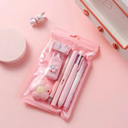 7-Piece Aesthetic Study Kit, Kawaii Pastel School Supplies Haul with Liquid Gel Pens, Mechanical Pencil, Eraser, Highlighter, Correction Tape, Pencil Case Organizer, Scrapbooking Supplies, Teen Girl Graduation Gift Set for College Students