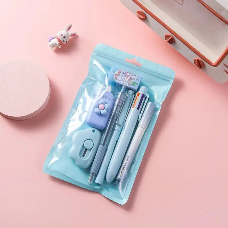 7-Piece Aesthetic Study Kit, Kawaii Pastel School Supplies Haul with Liquid Gel Pens, Mechanical Pencil, Eraser, Highlighter, Correction Tape, Pencil Case Organizer, Scrapbooking Supplies, Teen Girl Graduation Gift Set for College Students