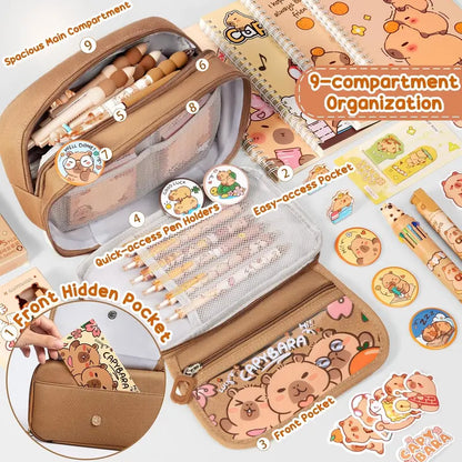 36PCS Lightweight Capybara Stationary Set - Cutecore Stuff Pen Box Kits, Pencil Pouch, Gel Pens, Mechanical Pencils, Stickers, Pins, Notebooks, Sticky Notes - Office Supply Kit for Holidays, Back to School, Teen Girl Gifts