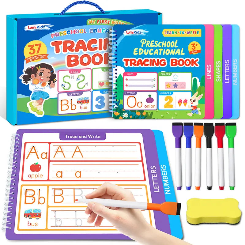 LUMIKIDZ Preschool Handwriting Tracing Paperbook Workbook Set for 3+ Years Boys & Girls, School Must-Haves Office Stationery with Phonics Alphabet Chart, Markers, Printed Pages, Tracing Fun, Muscle Development & Early Literacy Children's Day Gift