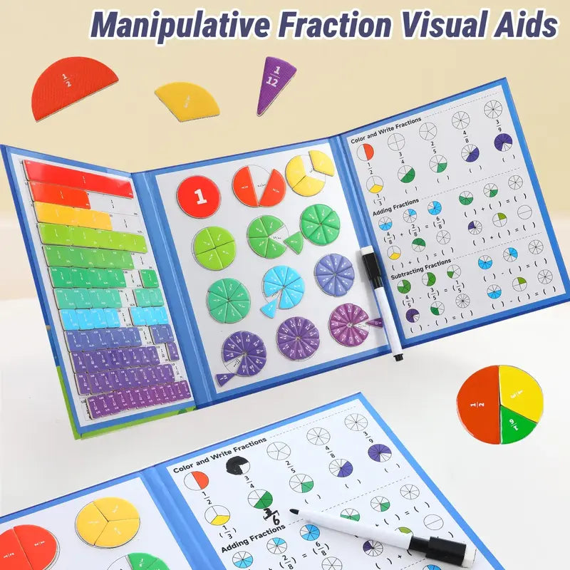 Magnetic Math Fraction Book, School Learning Tool, Block Graphs + Pie Charts + Erasable Equations, Hands-On Educational Material