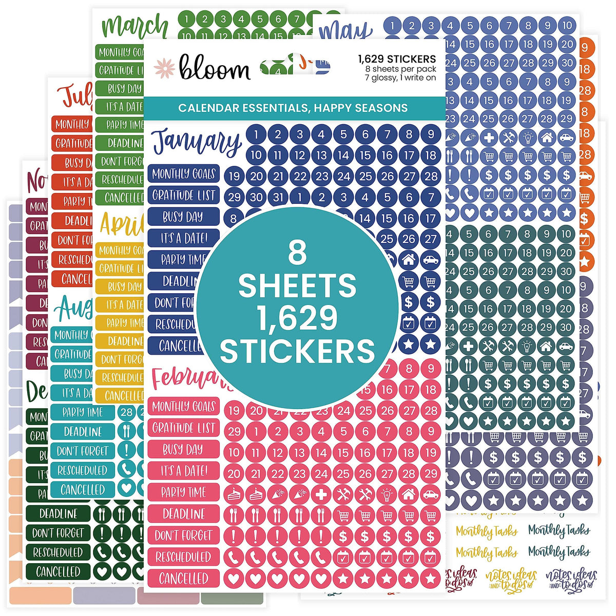 bloom daily planners Metallic Calendar Essentials Planner Stickers - 8 Sheets, 1629 Stickers Per Pack! - Aesthetic Monthly Headings, Dates, Icons, Etc. - Gold Foil