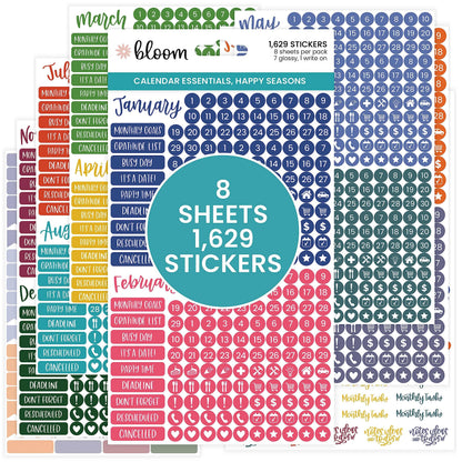 bloom daily planners Muted Neutrals Calendar Essentials Planner Stickers - 8 Sheets, 1629 Stickers Per Pack! - Color Coordinating Monthly Headings, Dates, Icons, Etc. - Aesthetic Boho