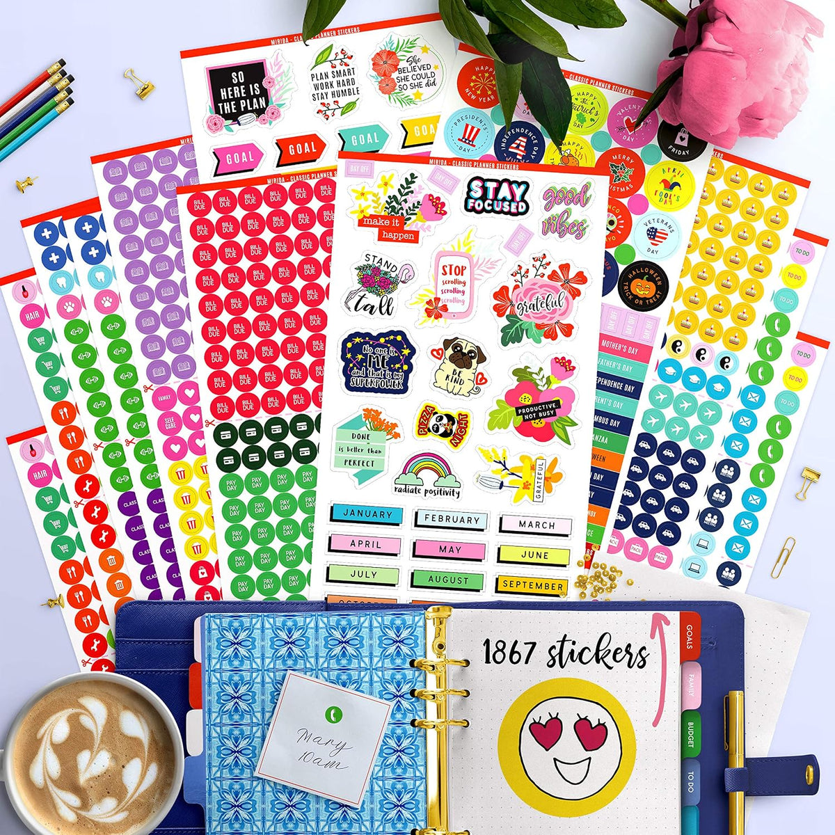 Mirida Planner Stickers, 1867 Daily Icons for Journal & Calendar