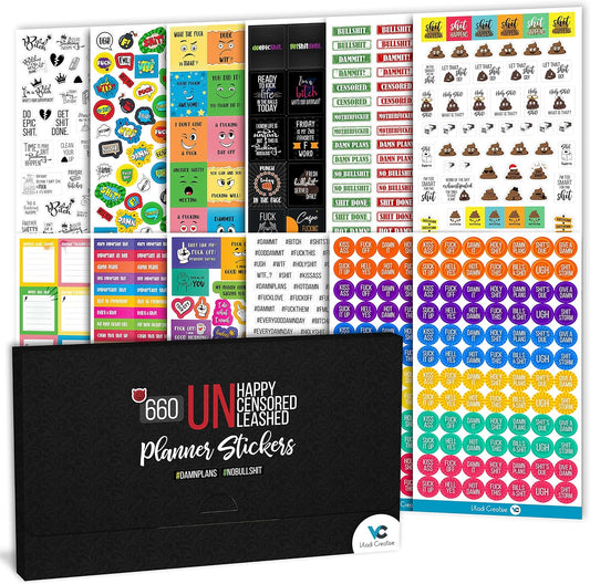 Vladi Creative Rude & Humorous Planner Stickers - 660pcs, 12 Sheets, Funny Adult Curse, Meme & Rude Stickers for Planners, Journals & Organizers, Hilarious & Bold Adult Humor Designs for Personal Use
