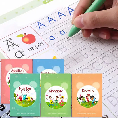 WTADAY Magic Grooved Lines Reusable Handwriting Workbook 5-Pack - Handwriting Practice Kit, 9.4in x 6.29in Large Format, 2 Pen Holding Aids, Reusable Ink Pens, Number Practice, Back to School Haul for 3-8 Age Kids, Classroom Teaching Supplies