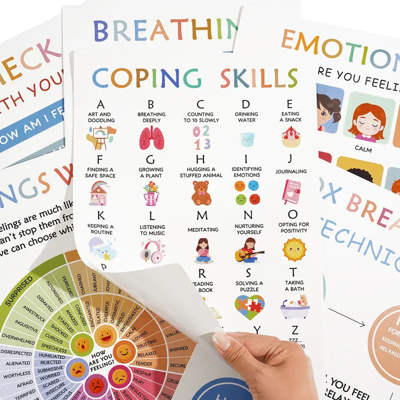 12 Calming Corner Posters (10x8) - Feelings Wheel Chart & Emotions Poster, Calming Corner Supplies For Therapy, Mental Health  Laminated Toddler Educational Wall Posters