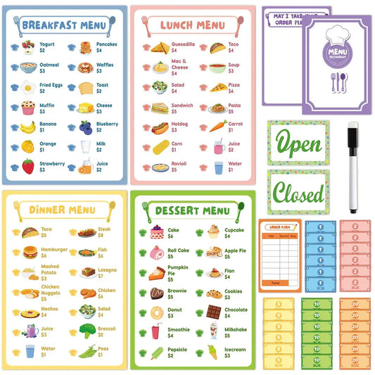 Pretend Play Restaurant Menus Notepads Set for Kids Kitchen Game | Durable Laminated Paper, Reusable Kitchen Role Play Accessories, Dry Erase Order Pads, Kids Age 3-8, 36 Pcs Restaurant Set