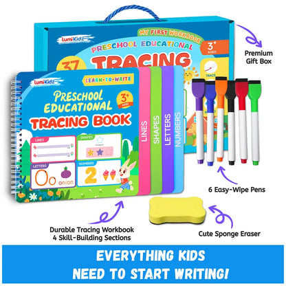 LUMIKIDZ Preschool Handwriting Tracing Paperbook Workbook Set for 3+ Years Boys & Girls, School Must-Haves Office Stationery with Phonics Alphabet Chart, Markers, Printed Pages, Tracing Fun, Muscle Development & Early Literacy Children's Day Gift