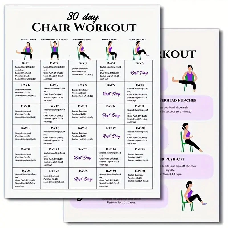 30-Day Chair Workout Set Poster, 2 Counts/set Chair Yoga Guide, Full Body Workout Guide, Chair Exercise Challenge, Summer Body Workup, Chair Stretching, Learning Tool, Learning Materials