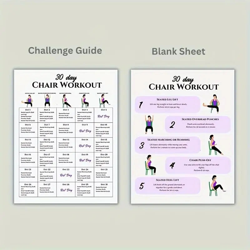 30-Day Chair Workout Set Poster, 2 Counts/set Chair Yoga Guide, Full Body Workout Guide, Chair Exercise Challenge, Summer Body Workup, Chair Stretching, Learning Tool, Learning Materials