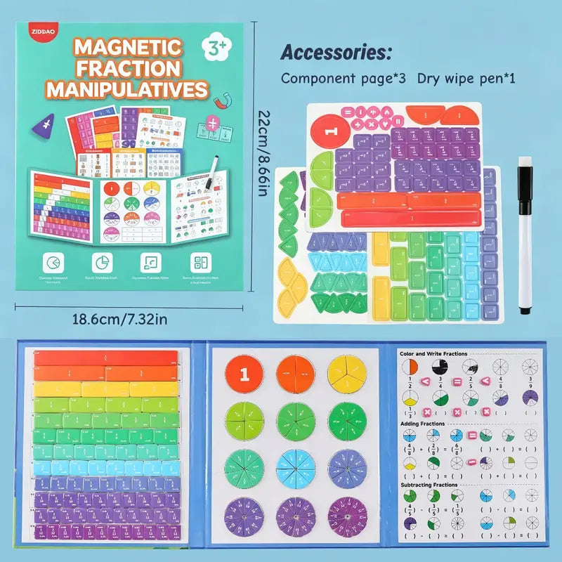 Magnetic Math Fraction Book, School Learning Tool, Block Graphs + Pie Charts + Erasable Equations, Hands-On Educational Material