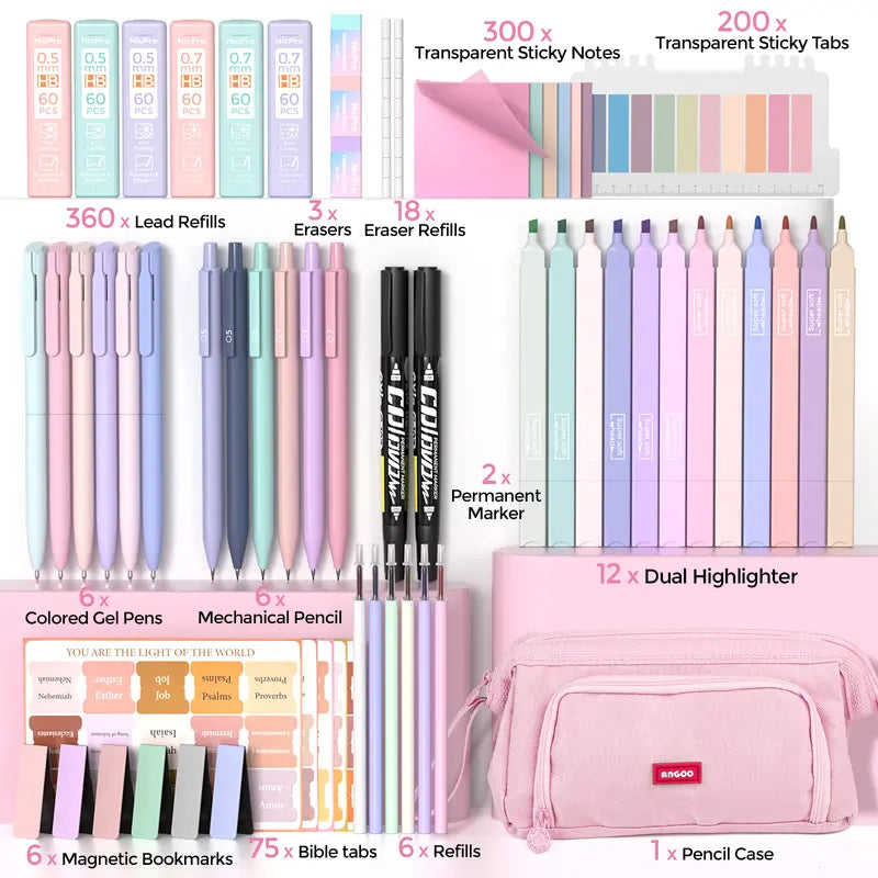 Nicpro 71PCS Bible Journaling Book Annotation Kit - Office Stationery Study Materials with Large Capacity Pink Pencil Pouch, Highlighters, Pens, Graphite Mechanical Pencils, Sticky Notes, Tabs for Women, Gift Option