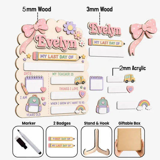 Personalized Back to School Dry Erase Sign, School Supplies, Includes Marker, 2 Interchangeable Tags, Wooden Name, Stand, Gift Box Ready, Reusable Nursery Shelves Keepsake, Colorful Art M/L Sizes