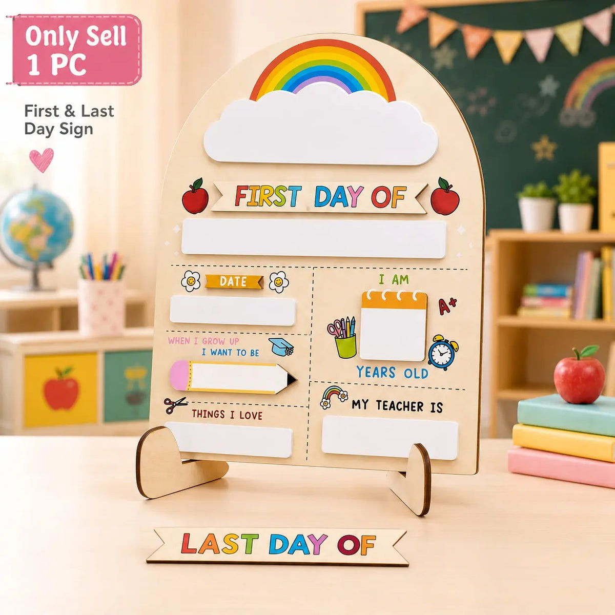 1 PC first day of school sign, Wooden material Reusable Dry Erase Milestone Board with Pink Bow, Back to School Photo Prop for Preschool, Kindergarten and Kids,  Easy to Write & Clean Board, Blank Slate
