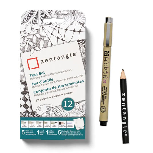SAKURA Licensed 12-Piece Waterproof DIY Art Set - Art Drawing Supplies, Zentangle Drawing Tools, 5 Pigma Micron Pens, 1 Black Graphite Pencil, 1 Tortillion, 5 3.5" White Paper Tiles