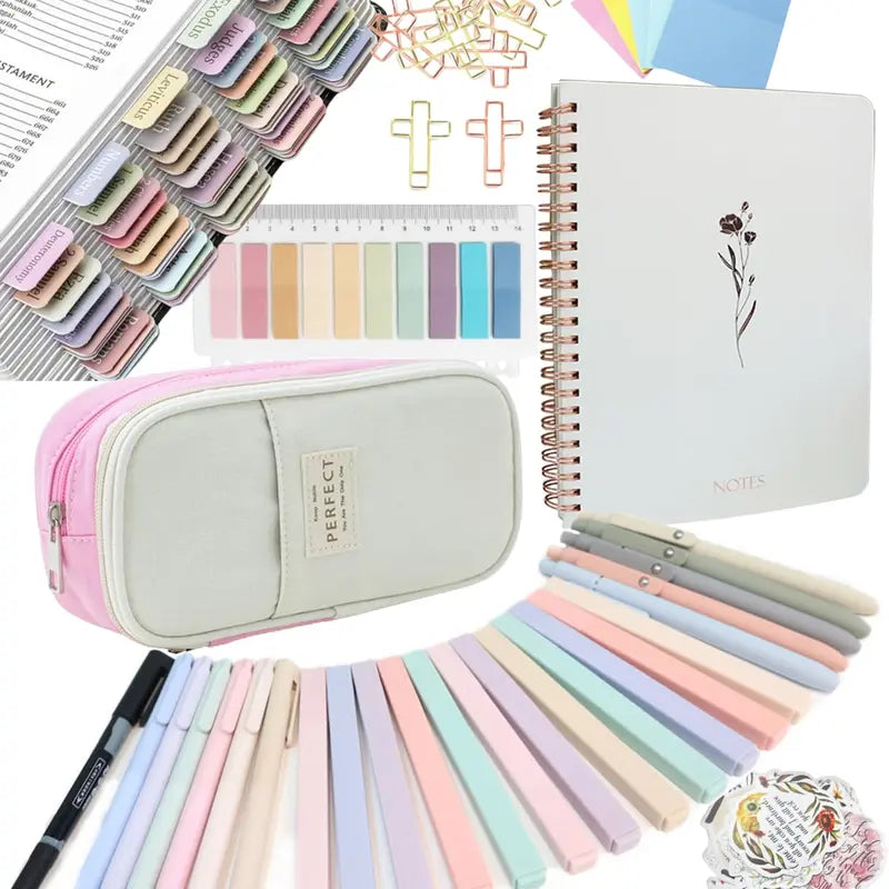 Bible Study Journaling Kit with Tabs, Highlighter, Pen Case & Sticky Notes - School Supplies for Christian Beginners, Ideal for Reflections & Group Use Office Stationery Set