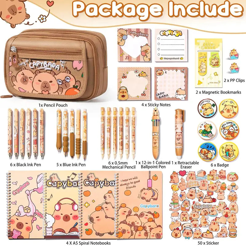 36PCS Lightweight Capybara Stationary Set - Cutecore Stuff Pen Box Kits, Pencil Pouch, Gel Pens, Mechanical Pencils, Stickers, Pins, Notebooks, Sticky Notes - Office Supply Kit for Holidays, Back to School, Teen Girl Gifts