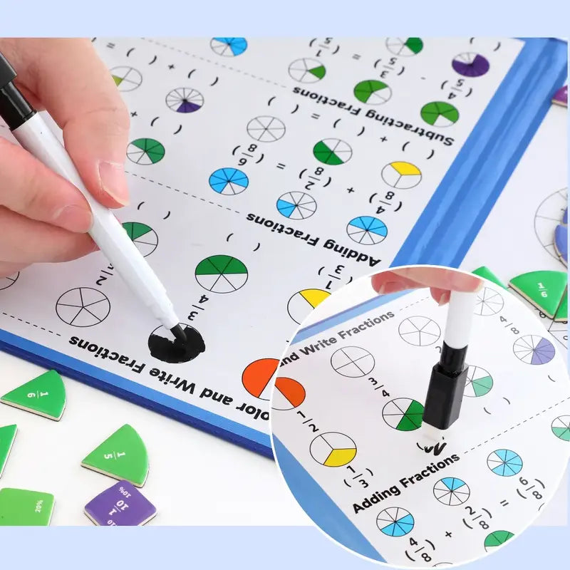 Magnetic Math Fraction Book, School Learning Tool, Block Graphs + Pie Charts + Erasable Equations, Hands-On Educational Material