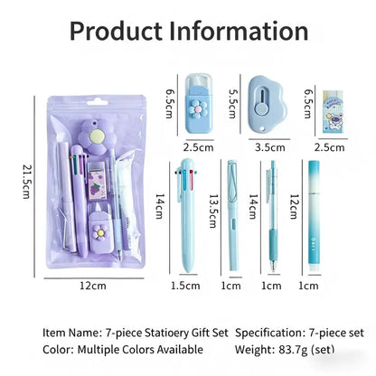 7-Piece Aesthetic Study Kit, Kawaii Pastel School Supplies Haul with Liquid Gel Pens, Mechanical Pencil, Eraser, Highlighter, Correction Tape, Pencil Case Organizer, Scrapbooking Supplies, Teen Girl Graduation Gift Set for College Students