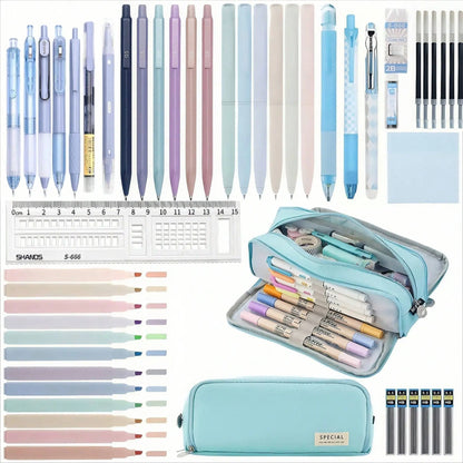 50 Pcs Morandi Stationery Set, Classroom, Office & School Study Supplies, Includes Pencil Case, 8 Pcs Black Gel Pens, 6 Pcs 0.5mm Mechanical Pencils, 12 Pcs Pastel Highlighters, Sticky Notes, Eraser, Ruler, Gifts