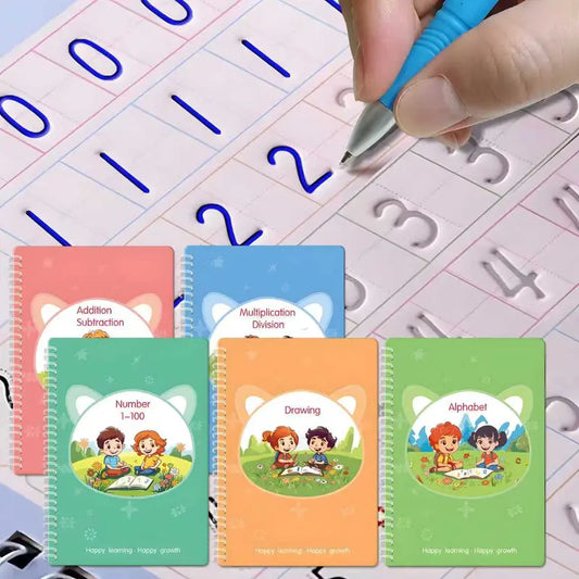 [DealsForYouDays] Grooved Magic Writing Copybook Set for Toddlers - 5 Tracing Preschool Books + Reusable Disappearing Ink Pens & Refills, Preschool Alphabet Tool, Visual Learning Tools, Traveling Holiday Gift for Eye-Hand Coordination