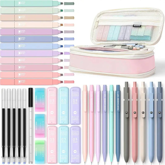Four Candies 39PCS Aesthetic School Supplies Set, 12 Pastel Highlighters,5 Black Gel Pens,6 Mechanical Pencils 0.5&0.7mm, Smooth Writing, Aesthetic Office Supplies,Gift for Student,School Classroom Supplies Stationery Set