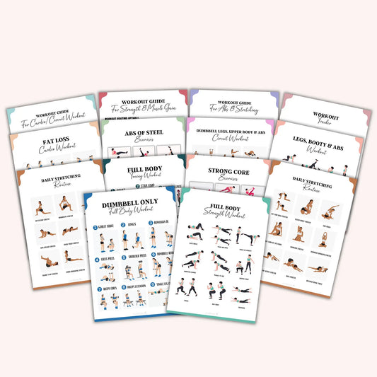 1Pcs Complete Home Workout Guide Posters | Cardio Fat Loss, Dumbbell Full Body, Core, Legs & Booty, Daily Stretch Routine Charts, Beginner Friendly At-Home Fitness Training Cards