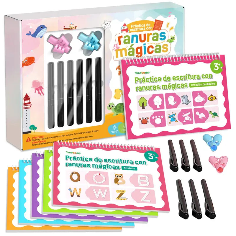 TIMETOME Reusable Grooved Handwriting Workbook for Kids, Learning Materials, 6 Books–Early Elementary, Covers Math, Words, Drawing –Gift for Children Lettering Spiral Notebook school supplies，summer learning workbook