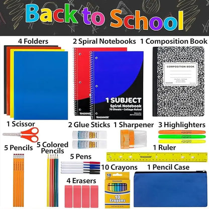 Essential School Supply Kit 45-Piece Set for Grades K-12 Includes Folders Notebooks Pencils Pens Crayons Ruler Scissors and More Perfect for Students and Educators