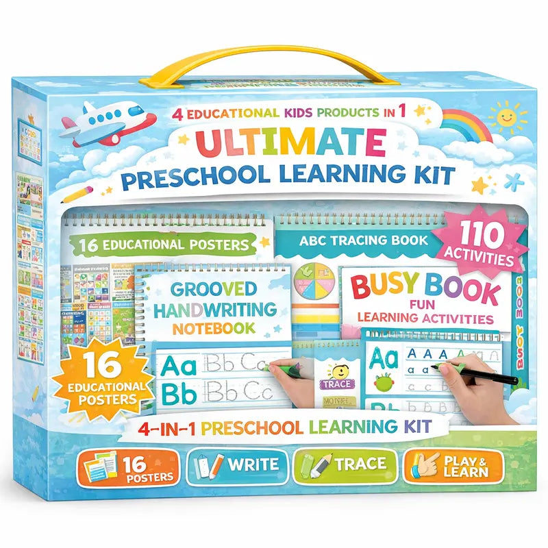 Hadley Designs 174-Piece Busy Book Learning Bundle (Ages 3-5) - Homeschool Handwriting Practice Kit, Montessori Play Tool, 4 Grooved Alphabet Books, Dry-Erase Surface, Reusable Ink, Visual Charts, Kindergarten Readiness, Fine Motor Skills Builder